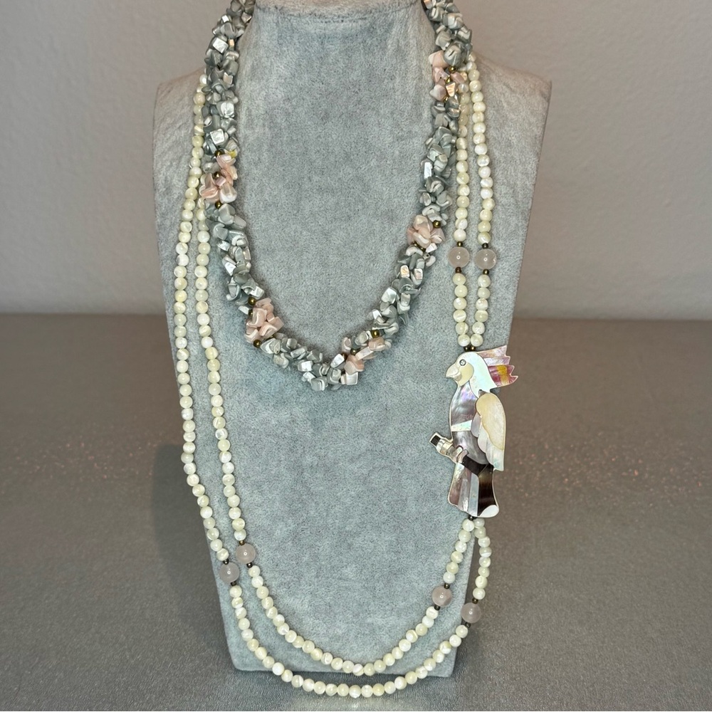 Vintage Cockatiel Mother Of Pearl & Rose Quartz Beaded Necklace 26” & Choker - Picture 3 of 7